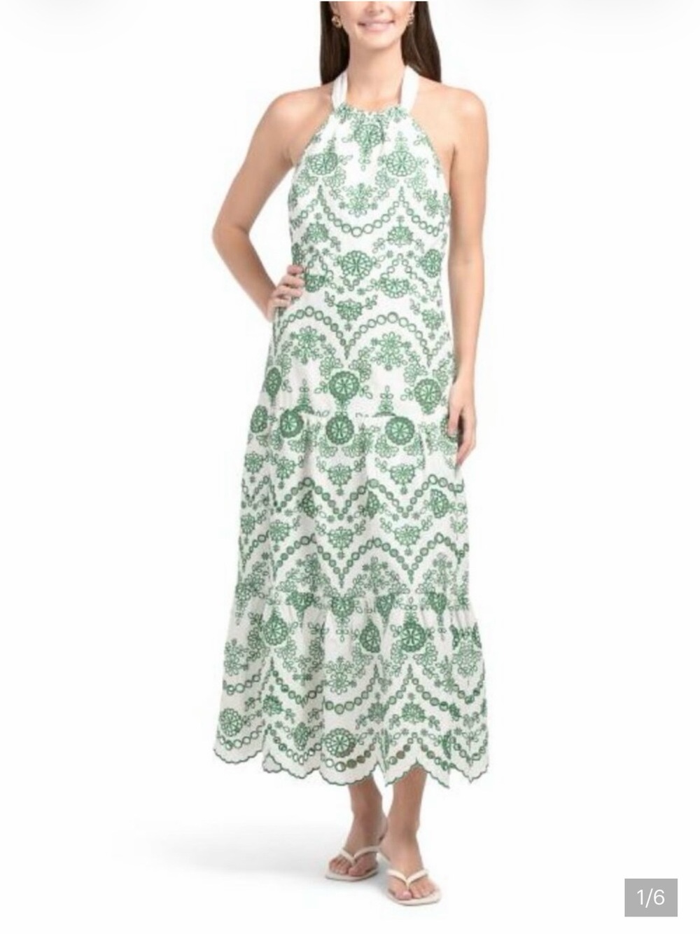 Milly Green and White Halter Tiered Maxi Dress